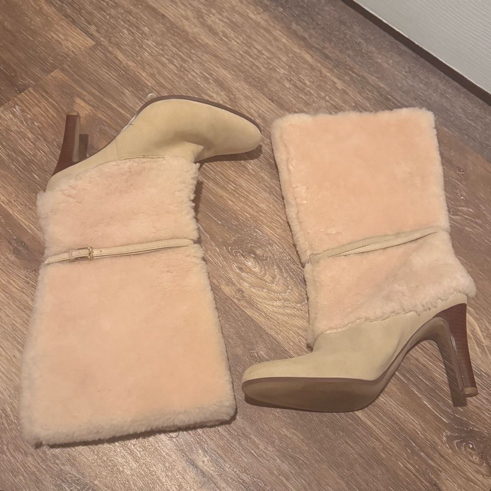 LRL Fur-Trimmed Leather Women's Heel Boots Wooden Accents Size 10
